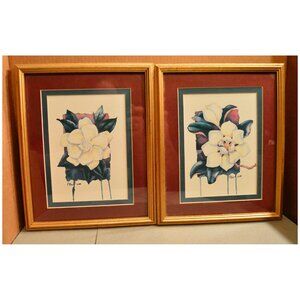 Set of 2 P. Brent '88 Wood Framed Matted Watercolor Art Flower Prints ~11"x 9"